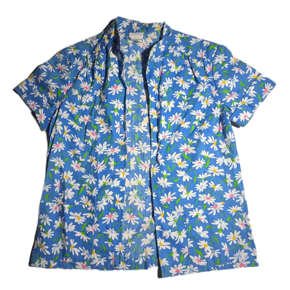 Vtg 1970s Poppy by Lanz Blue White Daisy Floral Open Front Collared Shirt Sz XS